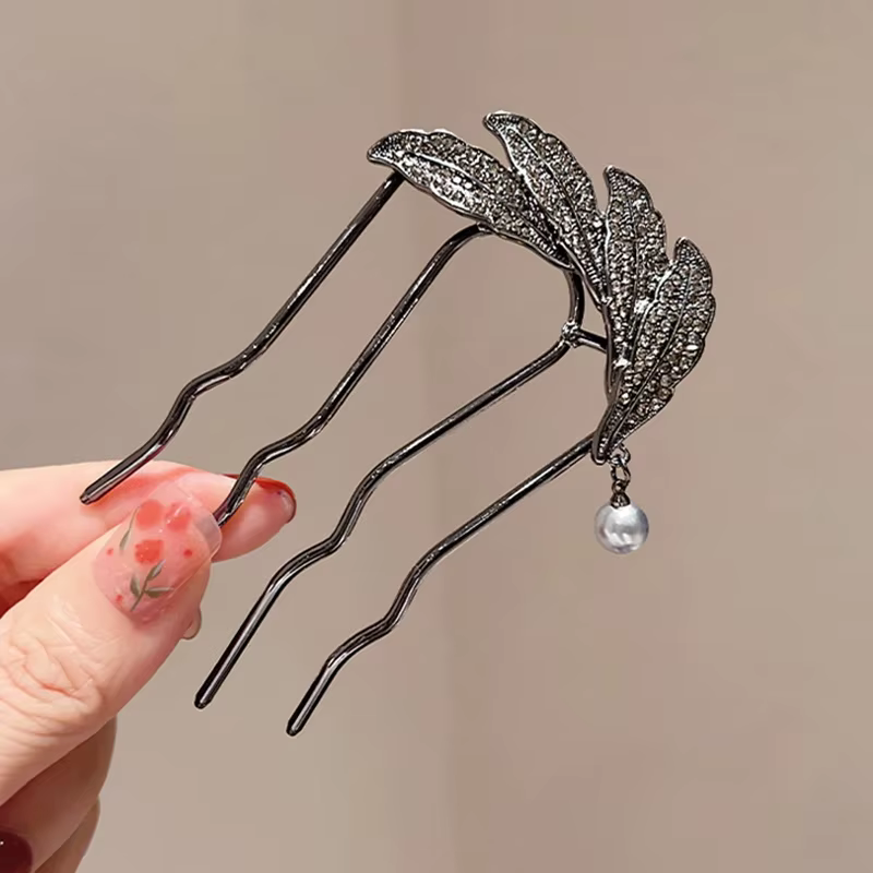 Peignes à cheveux en forme de U style antique avec strass et feuilles