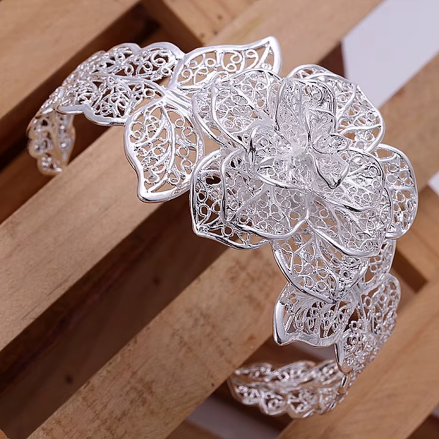 925 bijoux en argent Sterling bracelet de fiançailles chaud exquis rétro charme creux grandes femmes dame fleurs