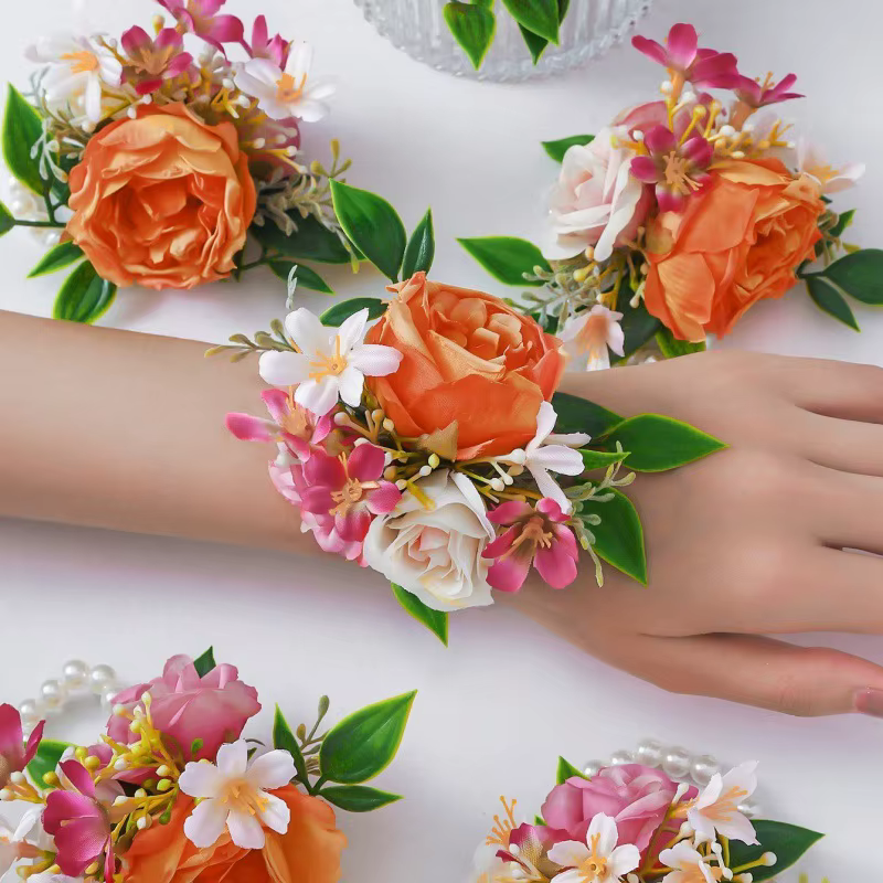 Corsage de poignet et boutonnière en Rose Orange, pour mariée, marié, demoiselles d'honneur, garçons d'honneur, mariage, fleurs de retour, accessoires de costume de bal