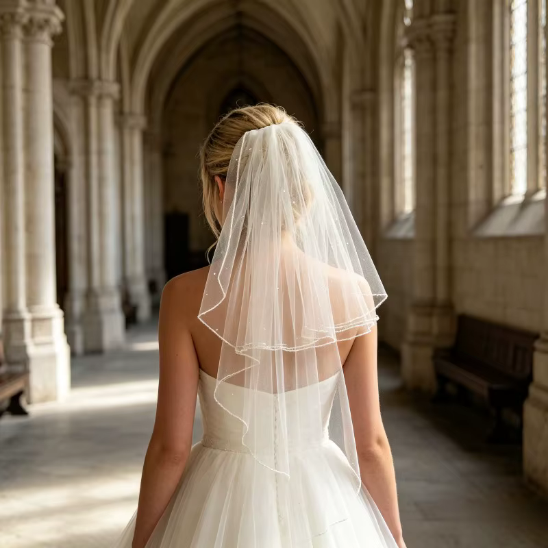 Voile court de mariée double couche style français avec perles