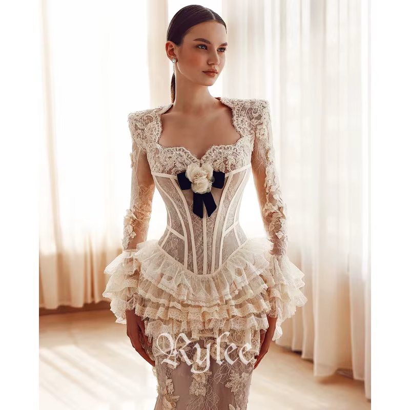 Rylee princesse dentelle sirène robes de soirée avec Appliques délicates volants dentelle longue robe de mariée robe formelle