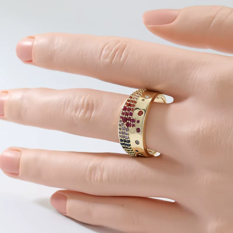 Bague élégante pour femme avec incrustations multicolores en CZ, couleur or, géométrique, pour tous les jours, bijoux de fête, cadeau d'anniversaire