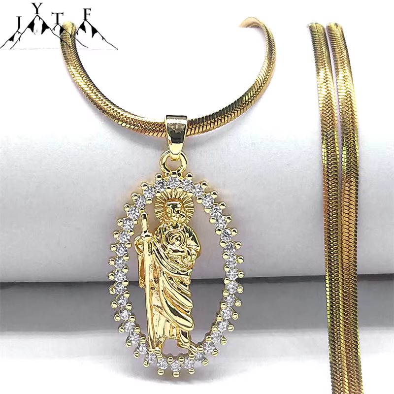 Saint St. Jude Thaddeus Zircon brillant collier pour femmes hommes en acier inoxydable couleur or San Judas Tadeo colliers bijoux NGG43-4