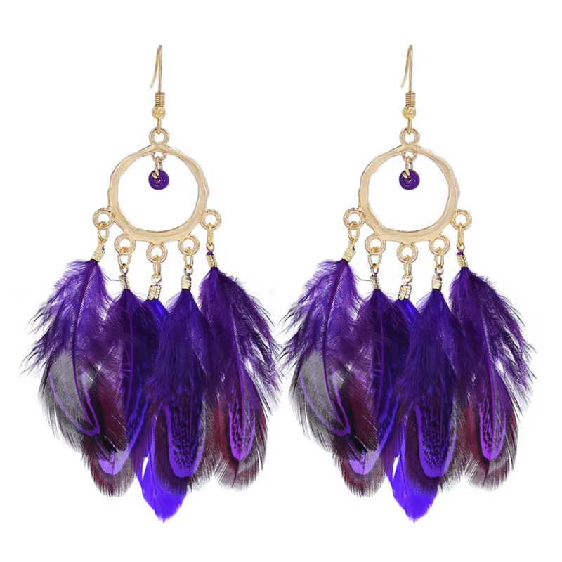 Bohème ethnique violet plume boucles d'oreilles pour femmes créatif Simple perles rondes couleur or métal