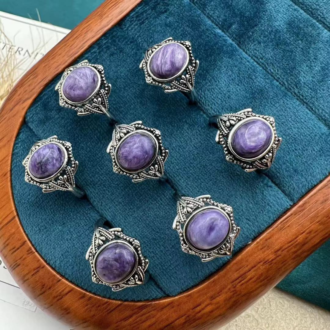 Bague vintage en charoïte naturelle ovale grande taille pour femme