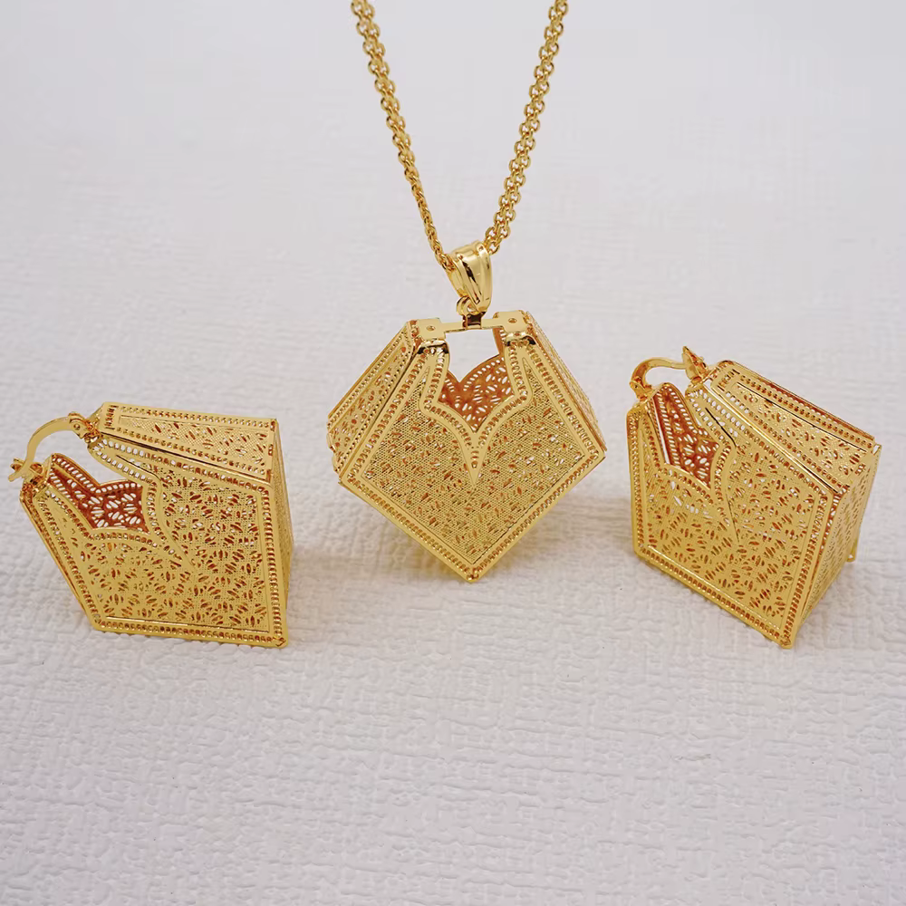 Ensemble collier et boucles d'oreilles géométriques en cuivre doré pour femmes