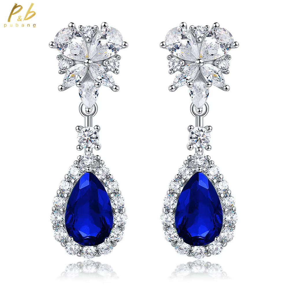 Bijoux PuBang, argent sterling 925 véritable, saphir émeraude rubis taille poire 7*11 mm, diamant de haute qualité, boucles d'oreilles pendantes, cadeaux