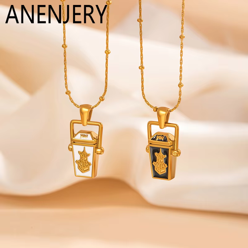 ANENJERY Collier pendentif boîte au trésor en émail en acier inoxydable 316L pour femme