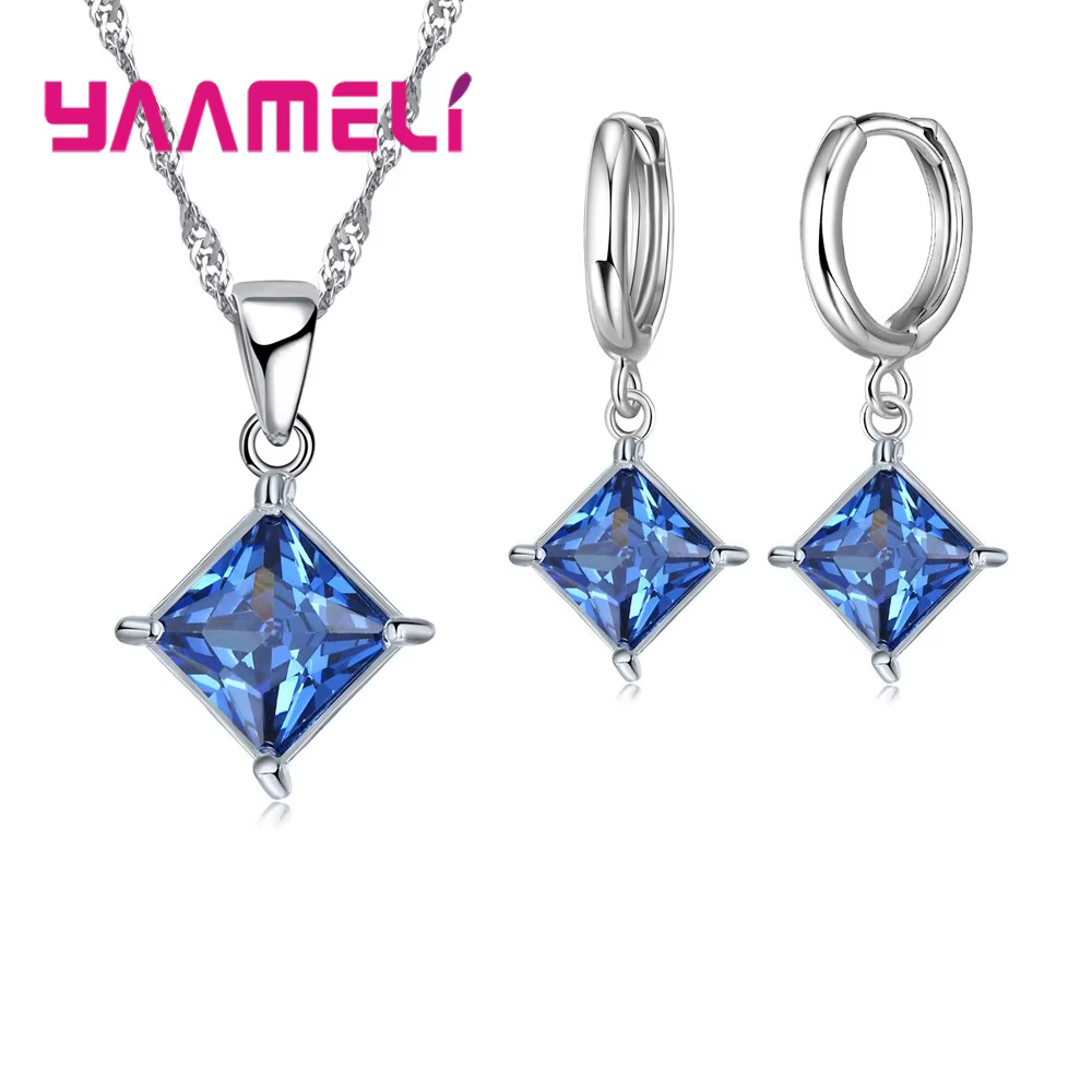 Nouvelle grande Promotion 925 en argent Sterling brillant carré Zircons pendentif collier et boucles d'oreilles ensembles de bijoux pour la vente en gros