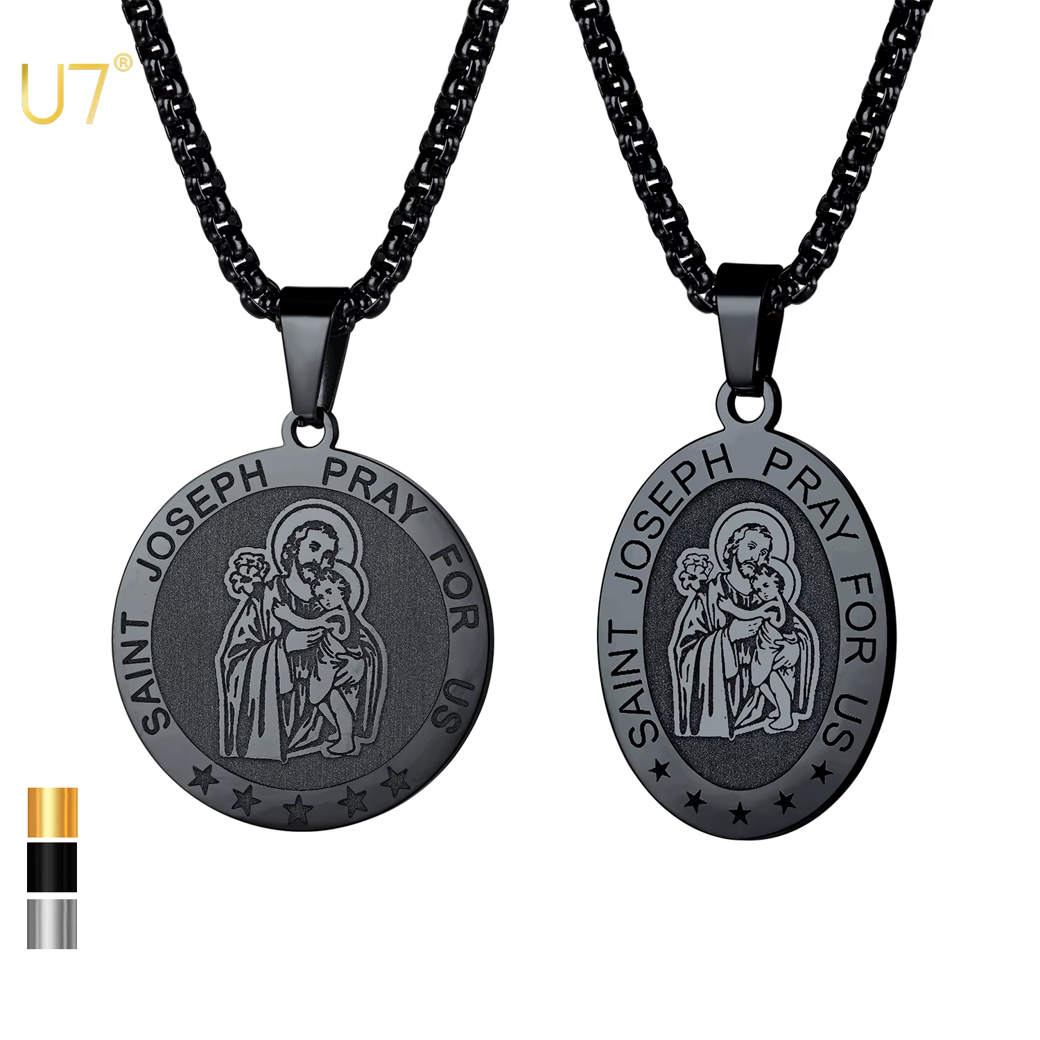 U7 Saint Joseph pendentif collier en acier inoxydable 316L ovale/rond pendentif avec boîte de 20 "chaîne Protection amulette bijoux cadeau