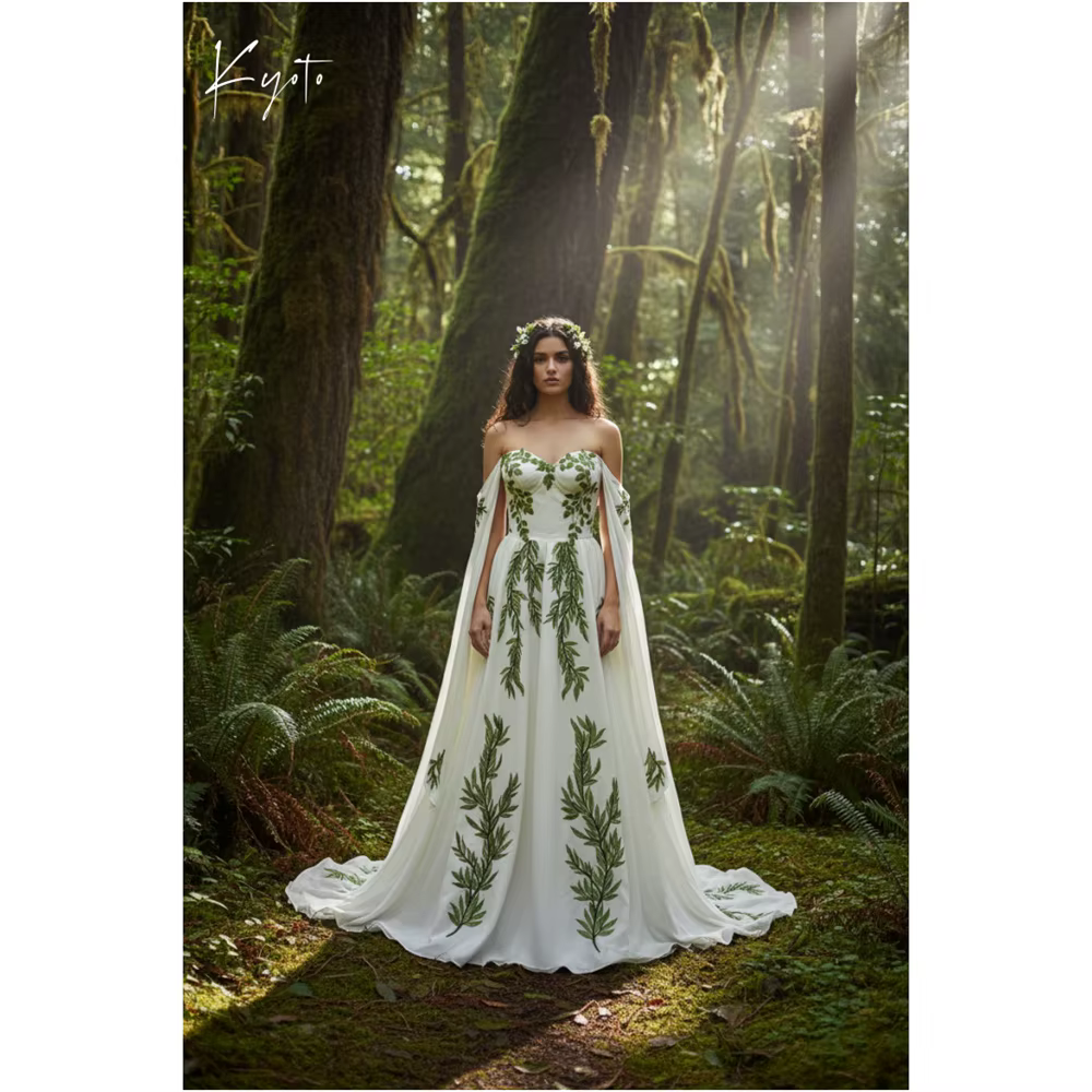 Kyoto personnalisé vert feuille broderie avec Cape robe de mariée épaules dénudées a-ligne vestidos de noche à lacets balayage Train formel