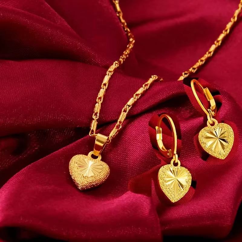 Coeur Pikun fleur plaqué or 24 carats boucles d'oreilles ou collier pendentif bijoux femmes cadeaux pour elle
