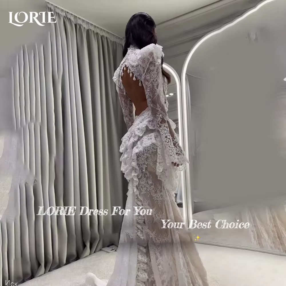 LORIE Vintage dentelle sirène robe de mariée Sexy col haut à manches longues