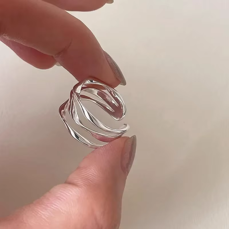 Bagues ajustables géométriques multicouches couleur argent pour femmes
