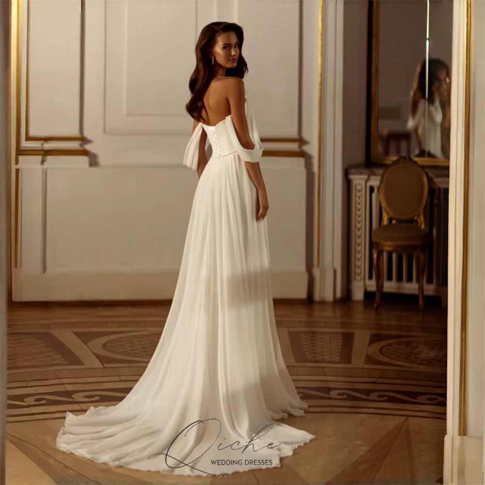 QICHE classique plissé en mousseline De soie a-ligne robes De mariée col en v profond hors De l'épaule dos ouvert haute