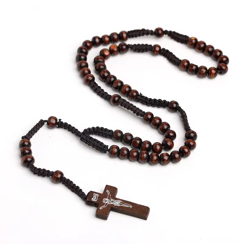 Collier de perles en bois catholique pour femmes