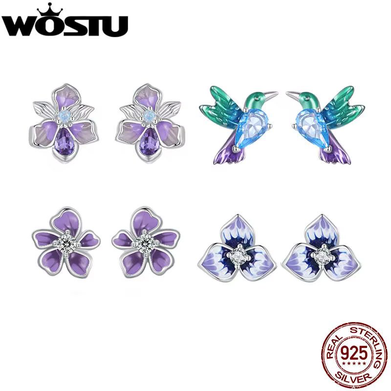 WOSTU 925 argent mystique violet fleur boucles d'oreilles bijoux de fête de mariage Zircon colibri clous d'oreille