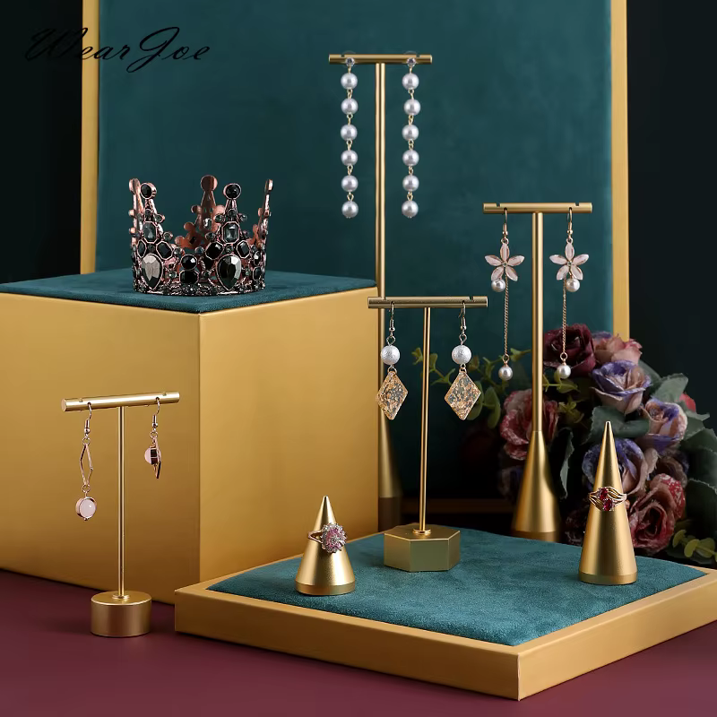 Porte-anneau à main en métal doré, tour de bijoux, boucles d'oreilles, barre en T, présentoir suspendu, clous d'oreilles, organisateur de rangement, support à trous