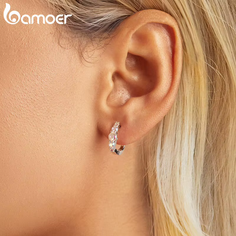 BAMOER 925 en argent Sterling rêveur arc-en-ciel Zircon boucles d'oreilles U forme Huggie