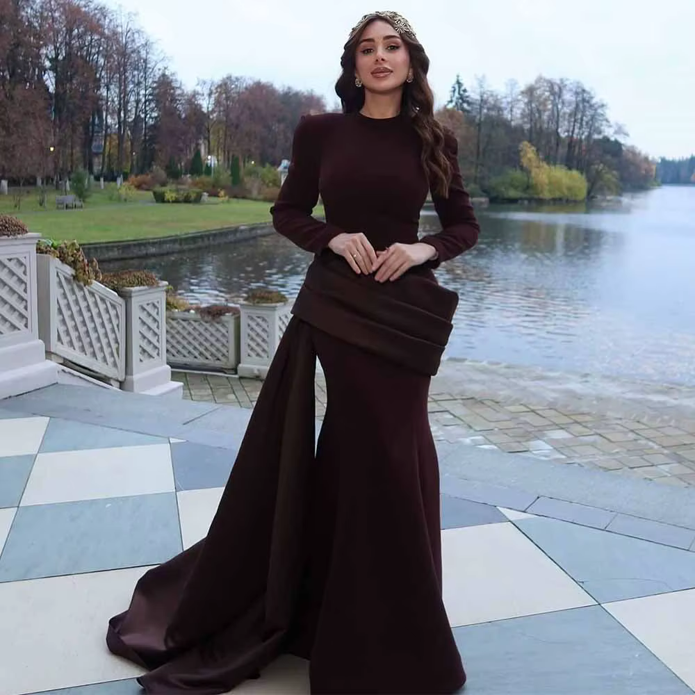 Robes classiques pour occasions spéciales, en Jersey, sirène/trompette, robe de soirée formelle, bordeaux, col rond, drapée, plissée, robe de bal pour dames