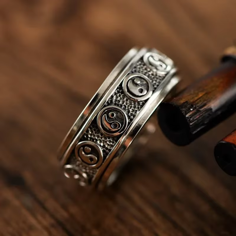 Rétro style national Tai Chi Bagua exquis 925 Thai argent rotatif hommes anneaux face en relief conception anneau charme bijoux