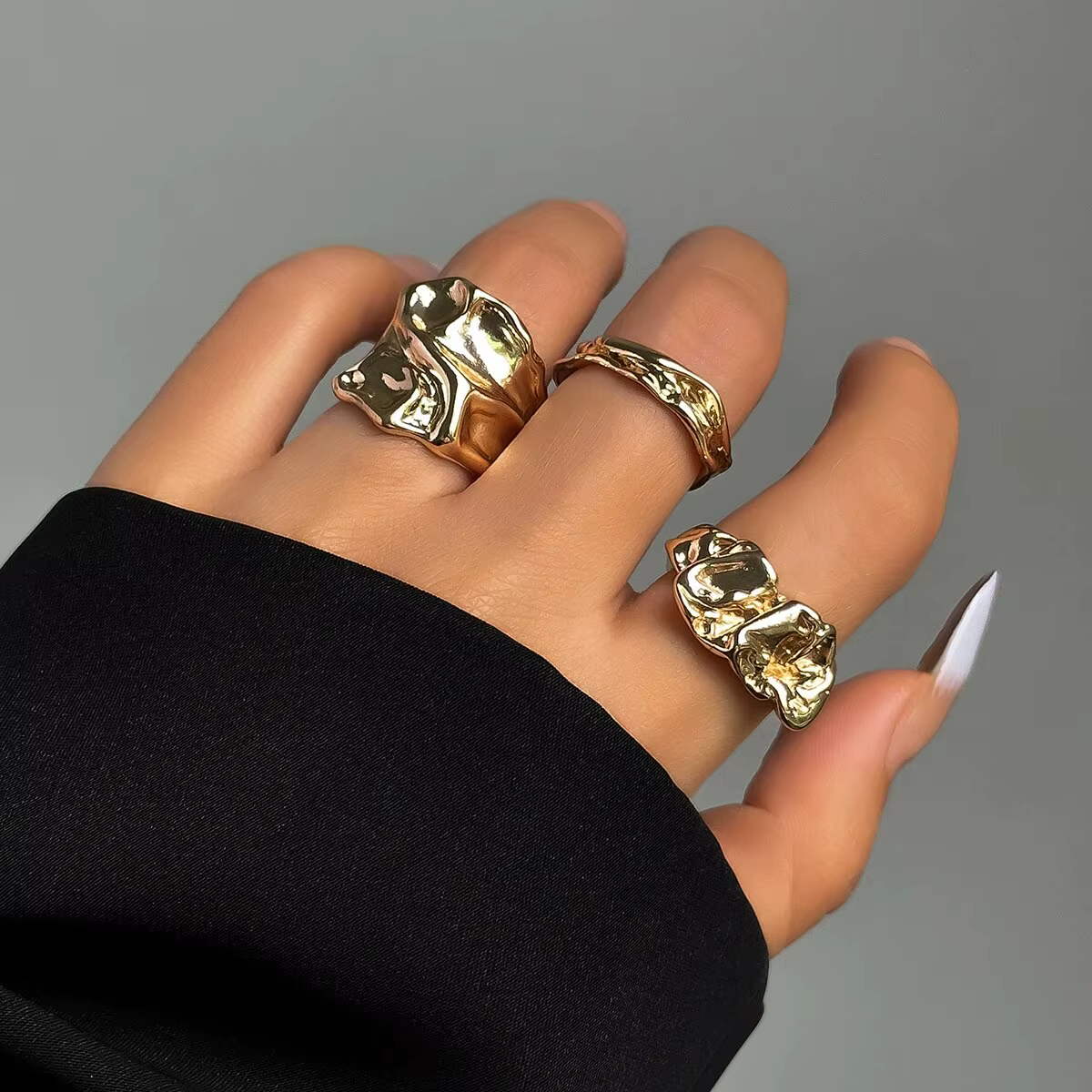 Punk 3 pièces/ensemble gros anneaux de manchette irréguliers pour femmes géométrique réglable ouvert doigt ongles anneaux mode déclaration bijoux filles
