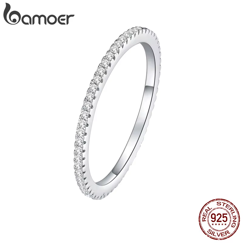 BAMOER plaqué or blanc solide 925 argent Sterling CZ simulé diamant empilable bague bandes d'éternité pour les femmes