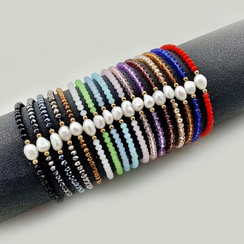 Boho verre bracelets porte-bonheur pour femmes fille à la main bijoux de mode Bracelet de perles d'eau douce Bracelet avec perles en acier inoxydable