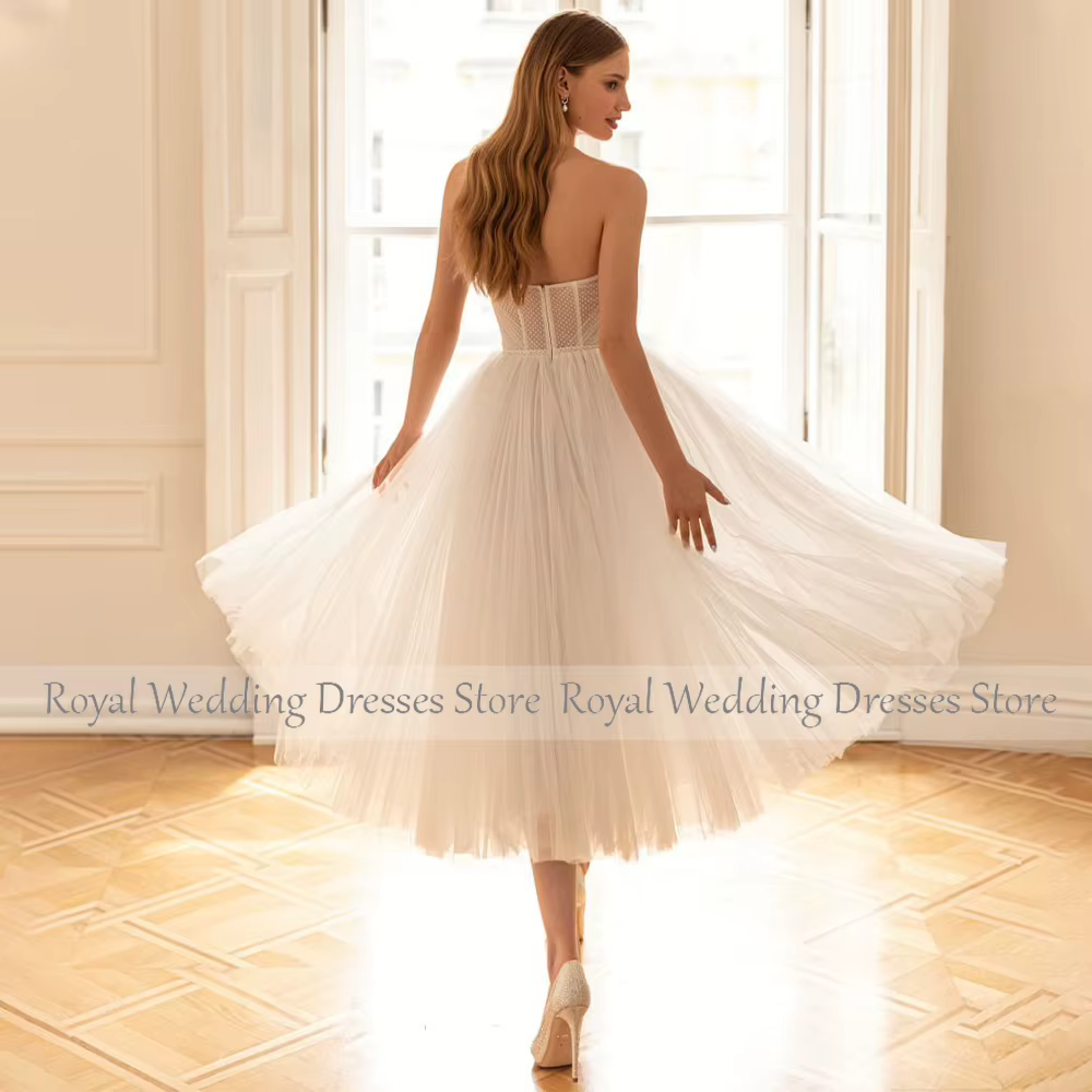 Robe de Mariée Courte en Tulle Blanc, Ligne A, Dos aux, pour Patients Simples