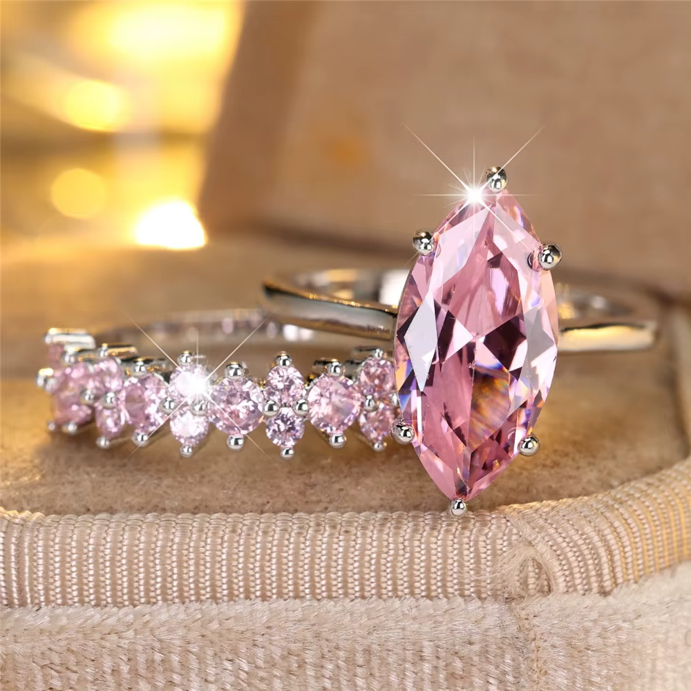 Ensemble de bagues de fiançailles en pierre de Zircon rose pour femmes