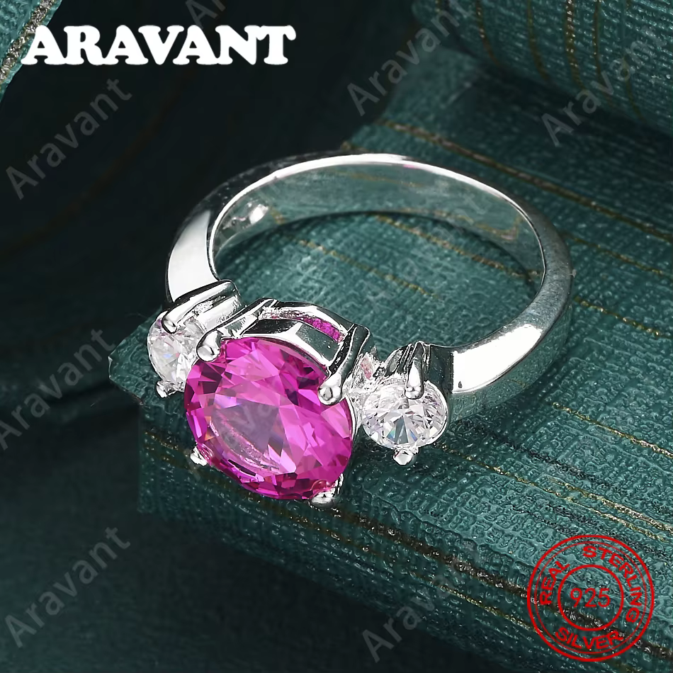 Bague en argent sterling 925 avec zircone ronde rose - Bijoux de mariage exquis et mignons pour femmes
