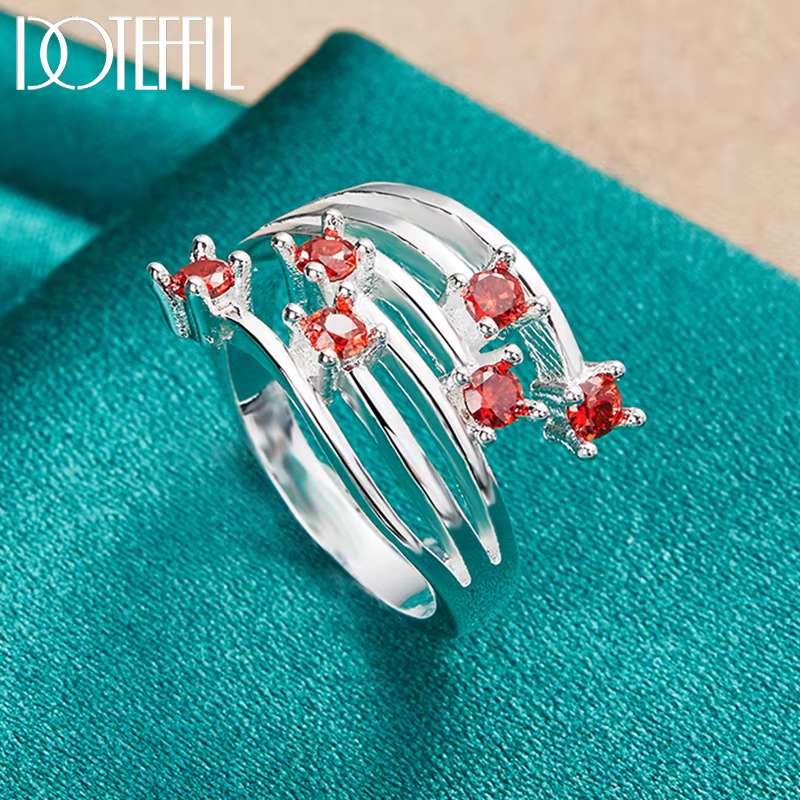 DOTEFFIL 925 en argent Sterling rond rouge AAA Zircon bague pour femmes homme mariage fiançailles fête mode charme bijoux
