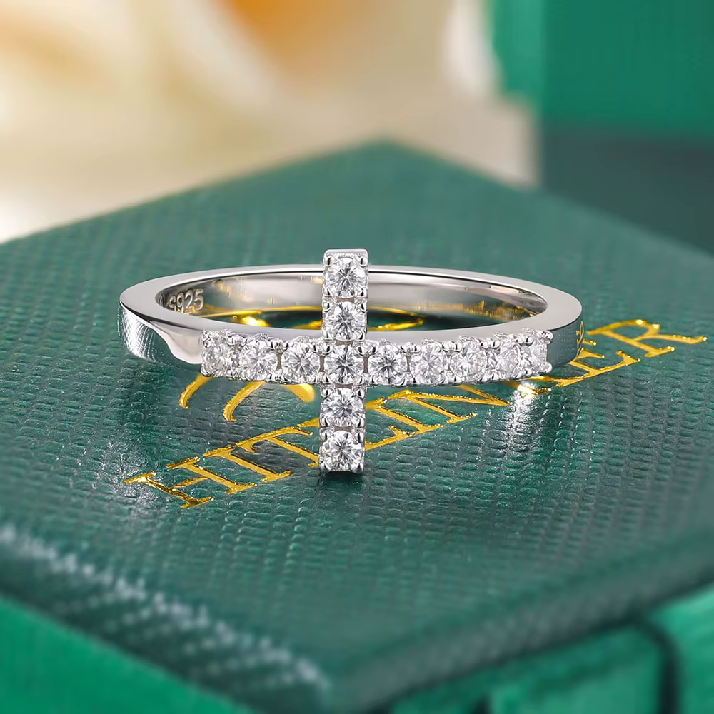 Moissanite croix alliance S925 bague en argent Sterling diamant pour les femmes plaqué or noël bijoux à la mode cadeau