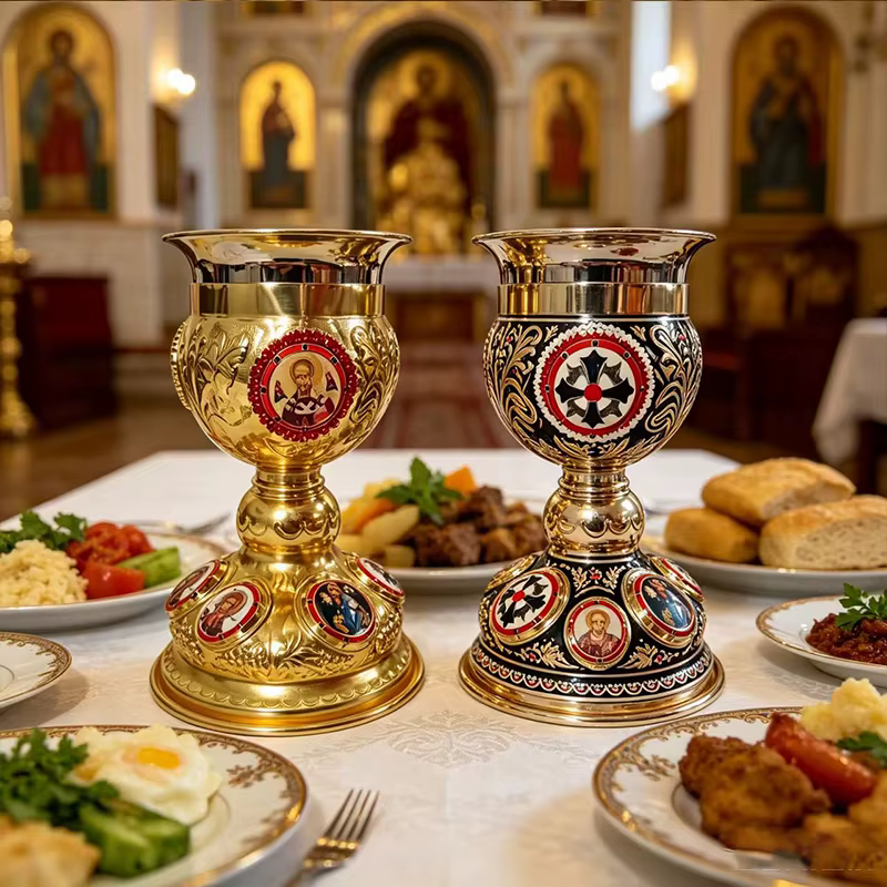Nouveau Calice de Communion Orthodoxe Plaqué Or avec Reliefs d'icônes Émaillées pour l'Utilisation dans l'Altier de