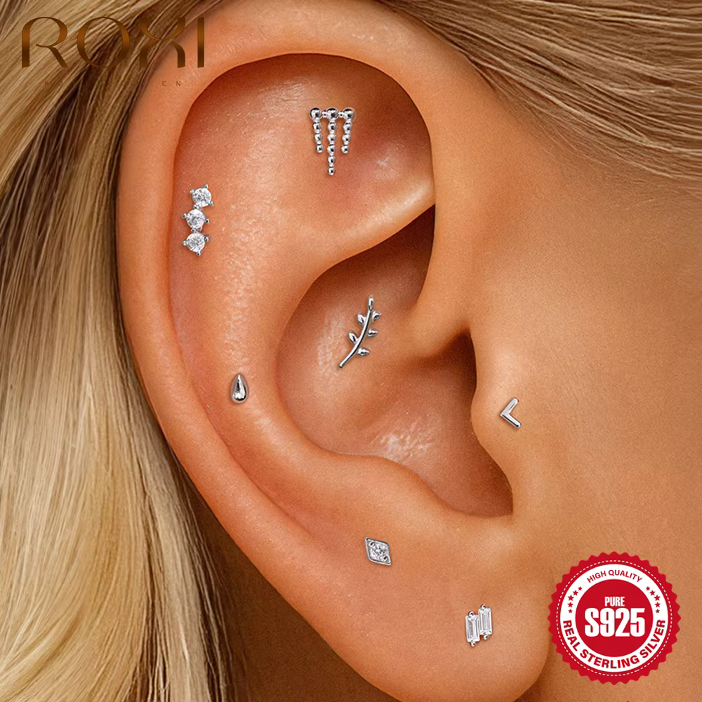 ROXI 925 argent Sterling larme/chaîne de boule/géométrique pour femme 1 pièce or/argent Piercing boucles d'oreilles Mini bijoux délicats
