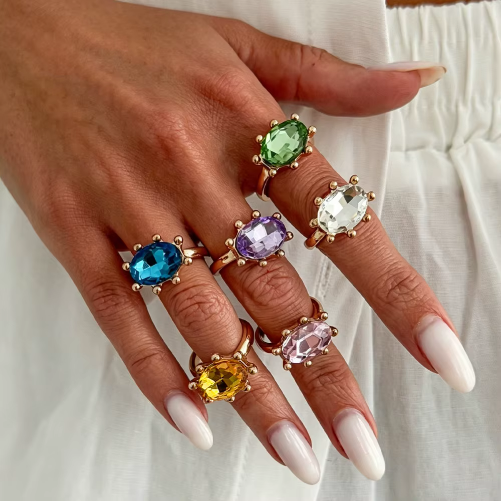 Bague ouverte vintage de luxe grande ovale avec pierres précieuses colorées