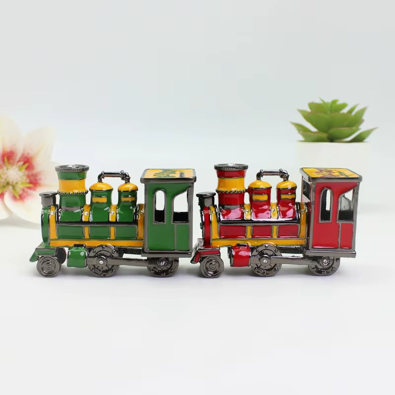 SHINNYGIFTS Boîte à bijoux en émail avec train – Organisateur de bibelots antiques peint à la main avec couvercle à charnière, décoration d'intérieur vintage