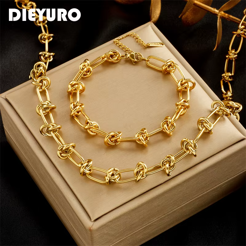 DIEYURO 316L acier inoxydable or argent couleur torsion noeud collier Bracelets pour femmes fille nouvelle mode ne se décolore pas ensemble de bijoux