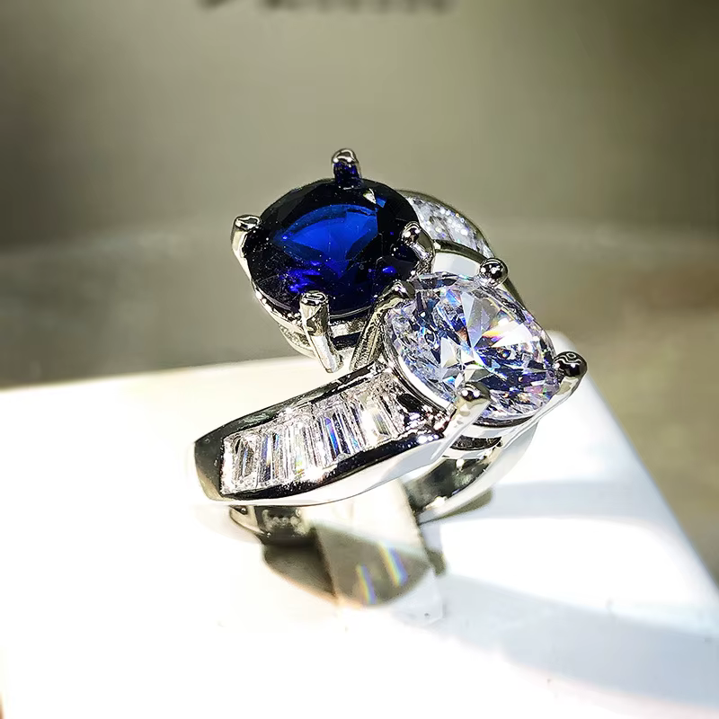 Bague ouverte en pierre précieuse de cristal bleu et blanc pour femme