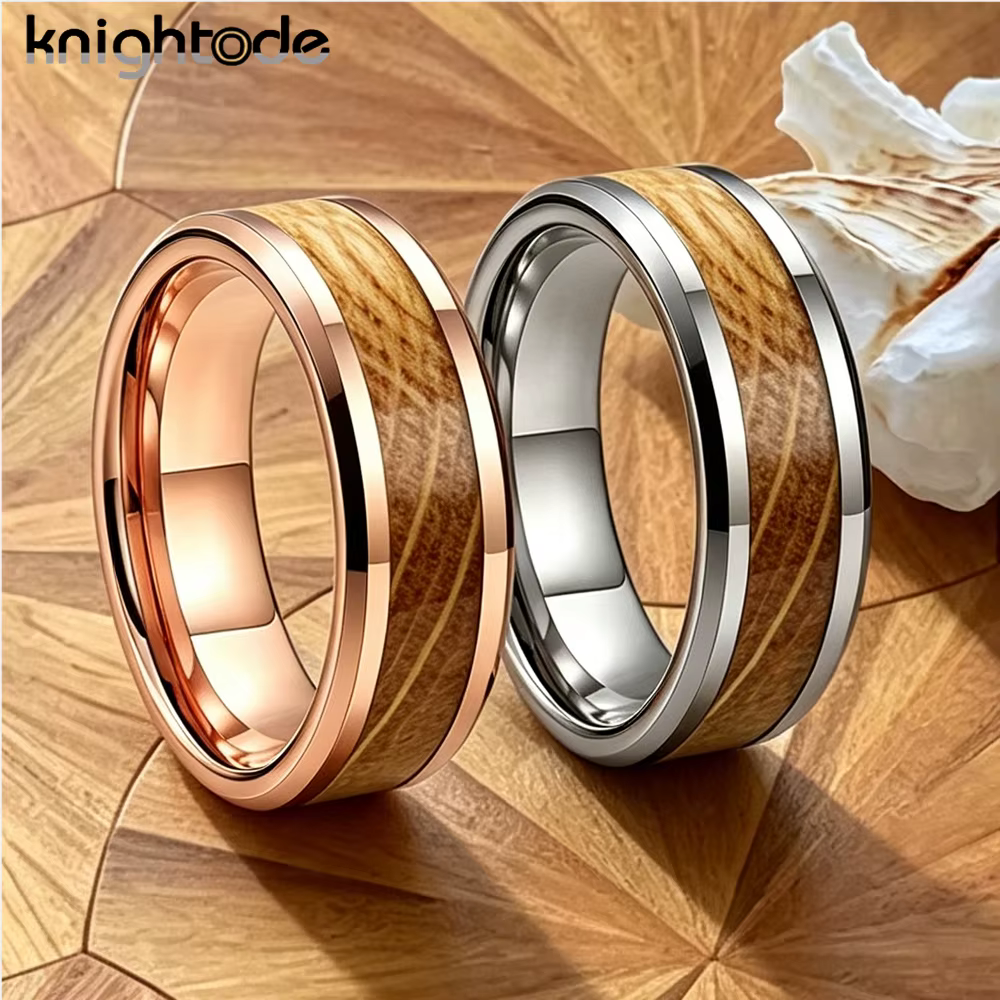 Bague en tungstène 8 mm avec incrustation en bois de chêne whisky