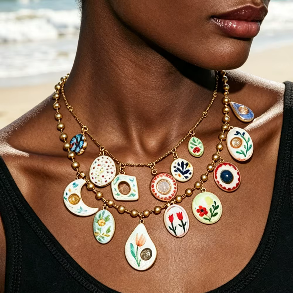 Collier ras du cou bohème en émail floral pour femme