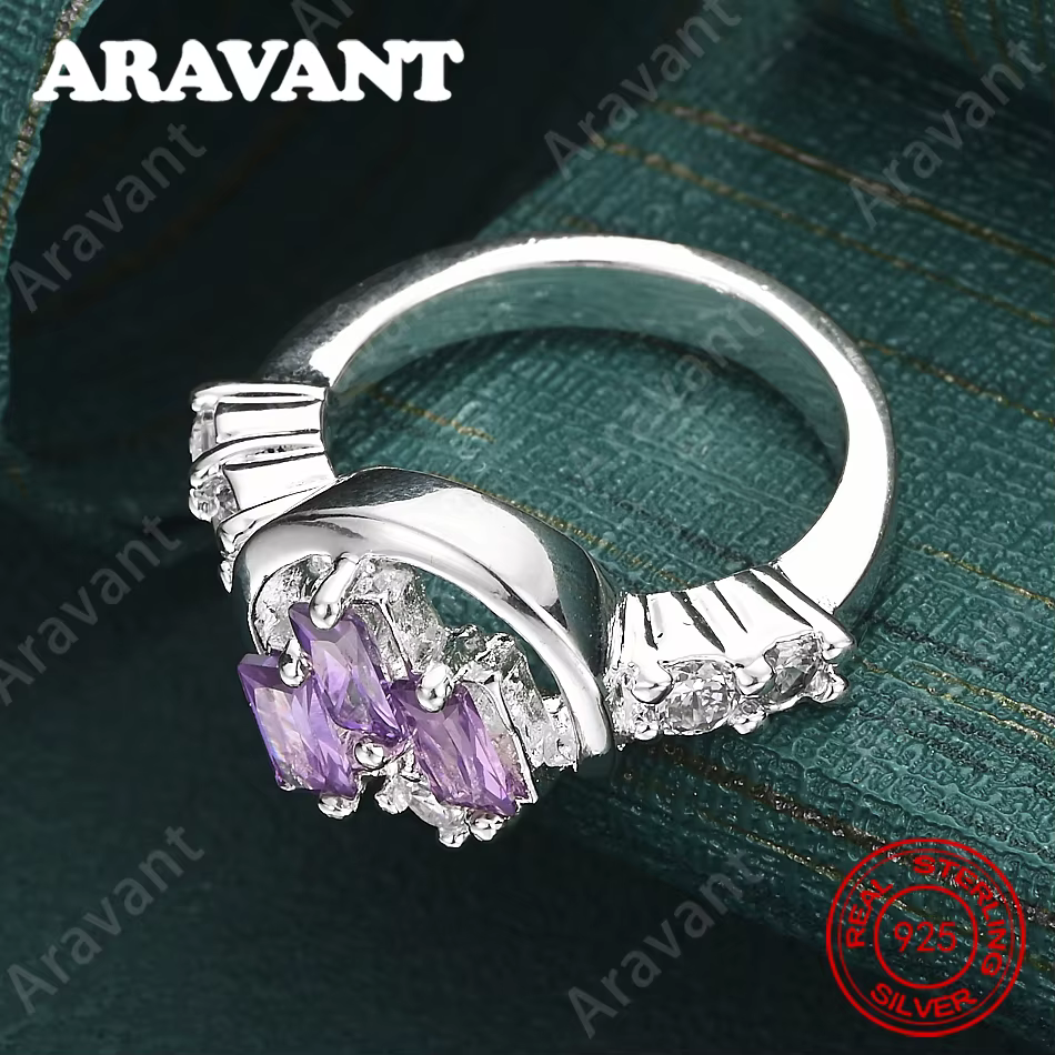 Bague en argent sterling 925 avec zircon violet à trois faces : un bijou vintage