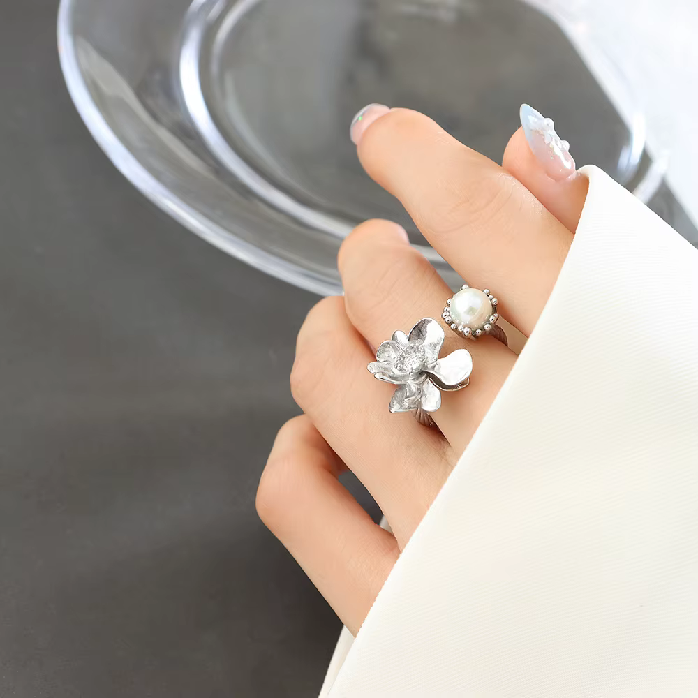 Bague Rétro Française à Motif Floral pour Femme