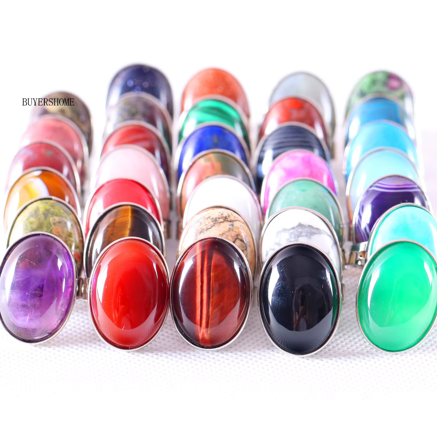 Bague en cristal rose pierre naturelle ovale cabine Cabochon perle opale blanche Rhodonite Malachite Onyx