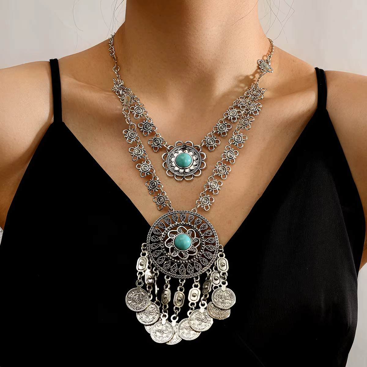 Collier ethnique en forme de pièce de monnaie Turquoise