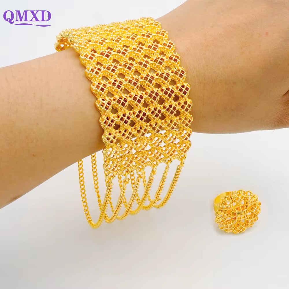 Ensemble de bijoux pour femmes, couleur or, Bracelet de dubaï, rond, creux, en alliage, large, ensemble de bagues, Style africain, avec chaîne