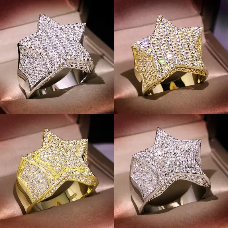 Hip Hop cinq étoiles anneaux hommes or argent couleur glacé cubique zircone bijoux bague cadeaux Couple