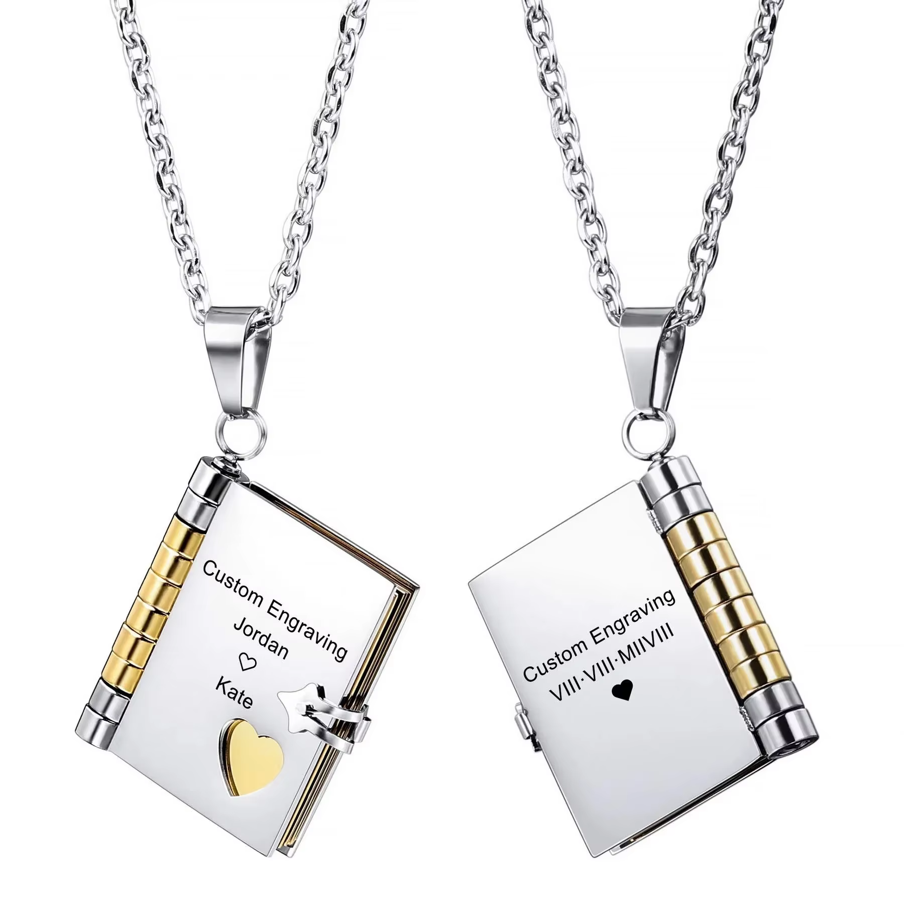 Collier enveloppe texte personnalisé médaillon ouverture livre pendentif Couple Album Photo