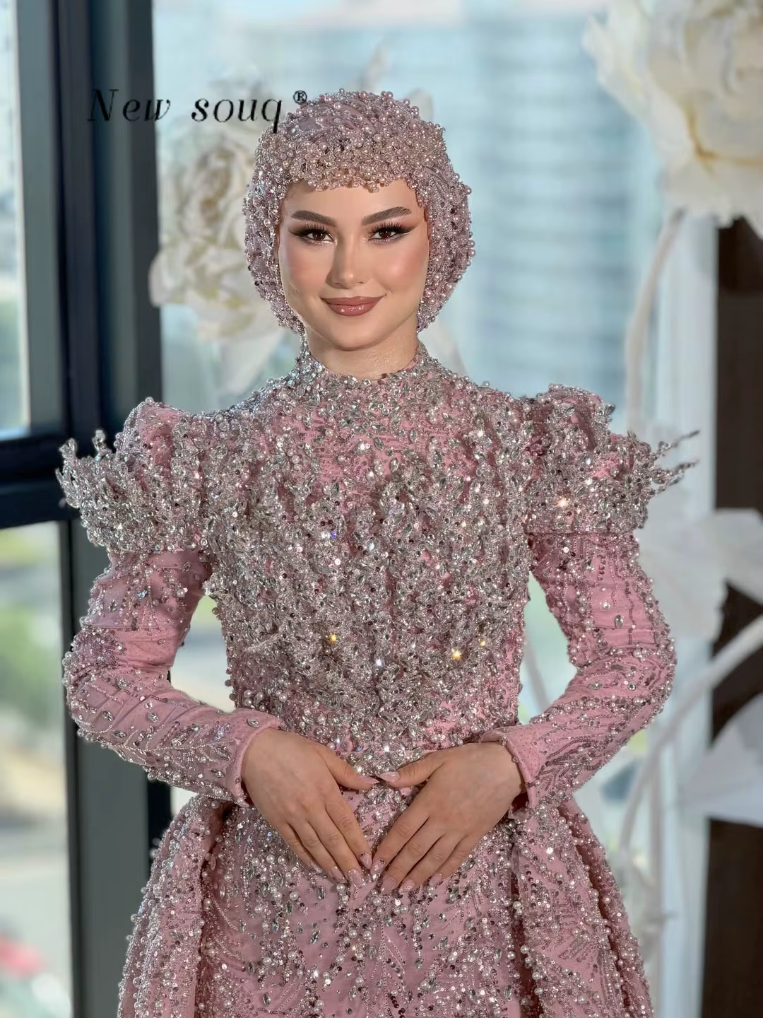 Robes de soirée de luxe roses du Moyen-Orient à manches longues pour mariages et bals de promo