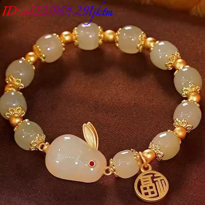 Bracelet lapin en Jade véritable, cadeaux pour femmes, pierres précieuses de styliste, amulette d'agate sculptée, bijoux naturels, accessoires Vintage